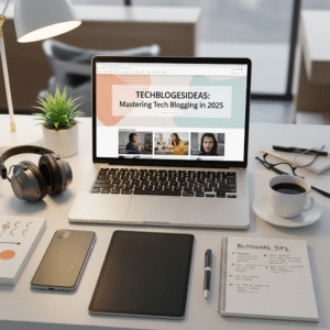 Laptop screen showing Techblogesideas: Mastering Tech Blogging in 2025 with blogging tools on desk.