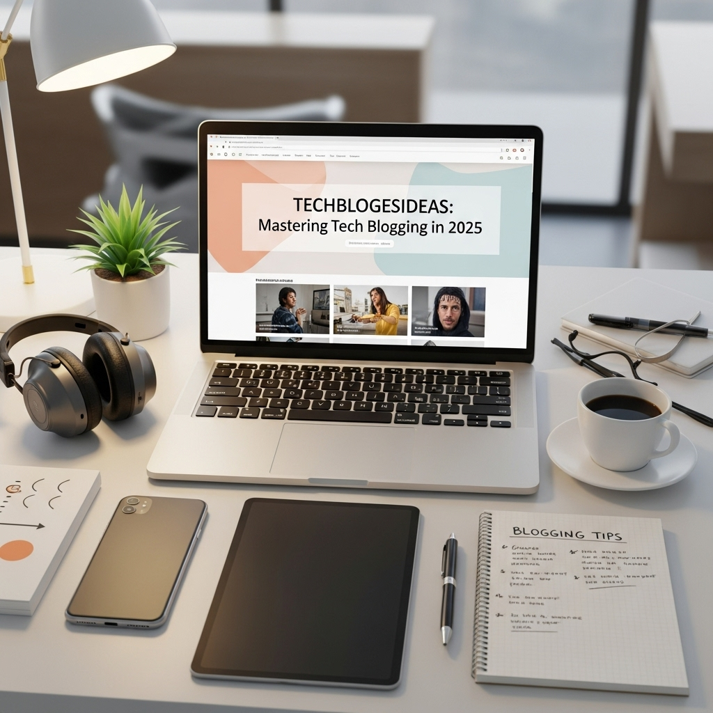 Laptop screen showing Techblogesideas: Mastering Tech Blogging in 2025 with blogging tools on desk.