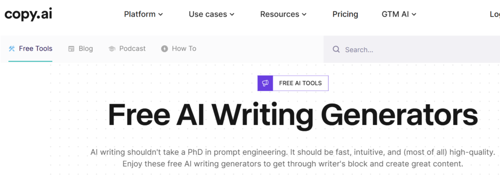 Website for Copy.ai featuring free AI writing generators with a clean layout. 