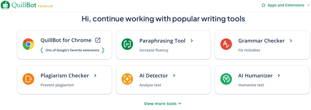 QuillBot interface showing various writing tools like Paraphrasing, Grammar Checker, and AI Humanizer. 