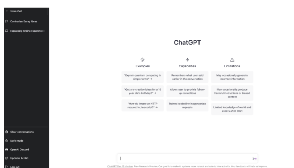 ChatGPT interface displaying examples, capabilities, and limitations in a clean layout. 