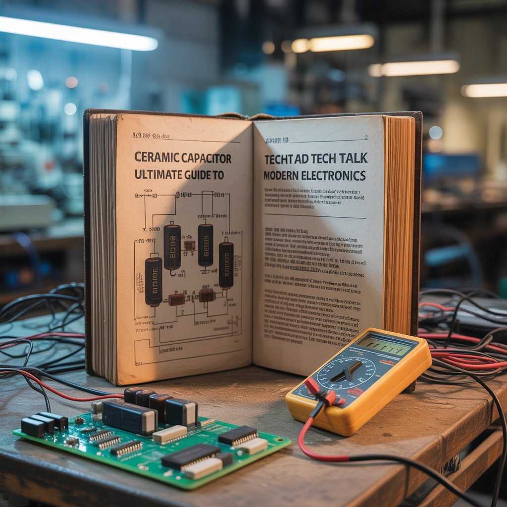 Ceramic Capacitor Tech Talk guide with circuit board and multimeter.
