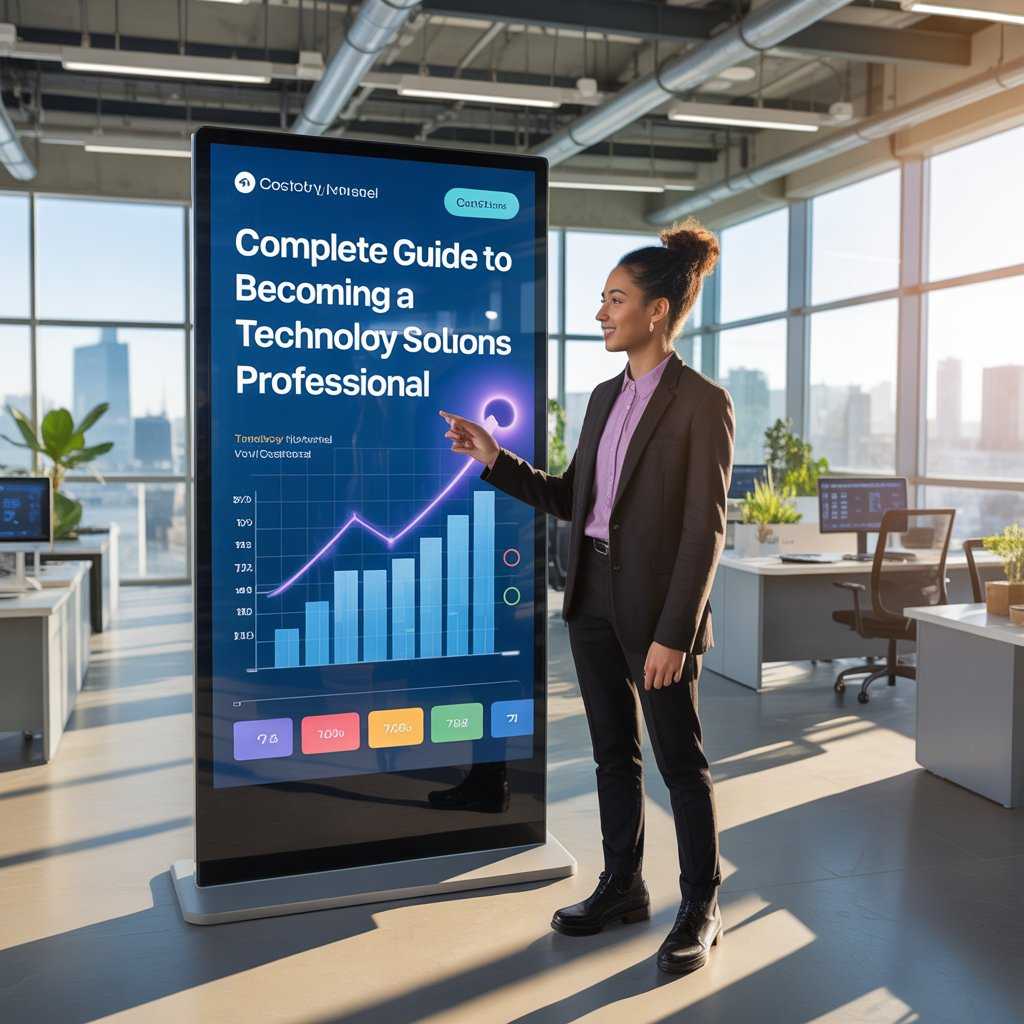 Professional presenting a digital guide on becoming a technology solutions professional.