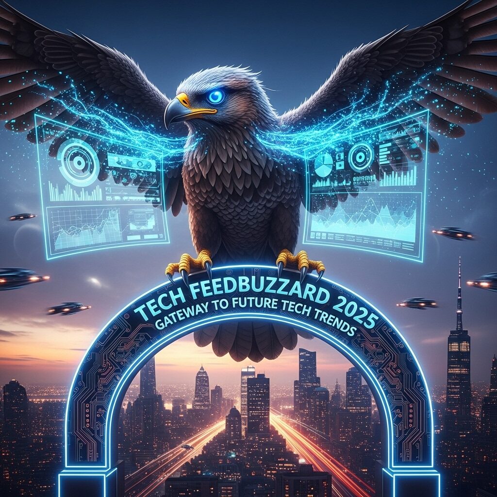 Tech Feedbuzzard 2025 eagle with digital holograms over city.