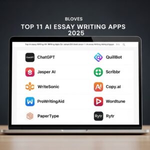 A laptop screen showing a list of the top 11 AI essay writing apps for 2025.