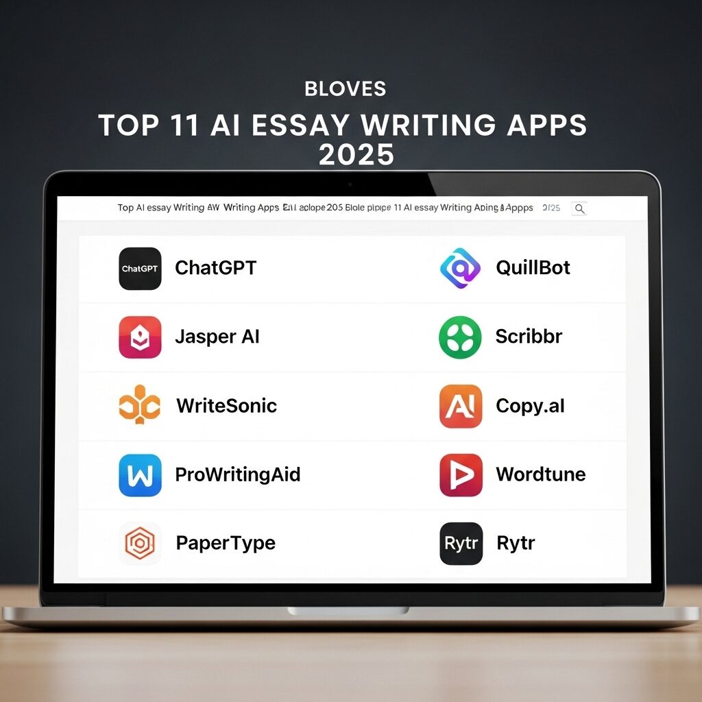 A laptop screen showing a list of the top 11 AI essay writing apps for 2025.