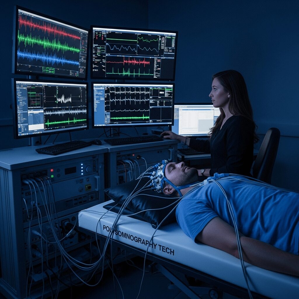 Polysomnography Tech monitoring sleep study with patien