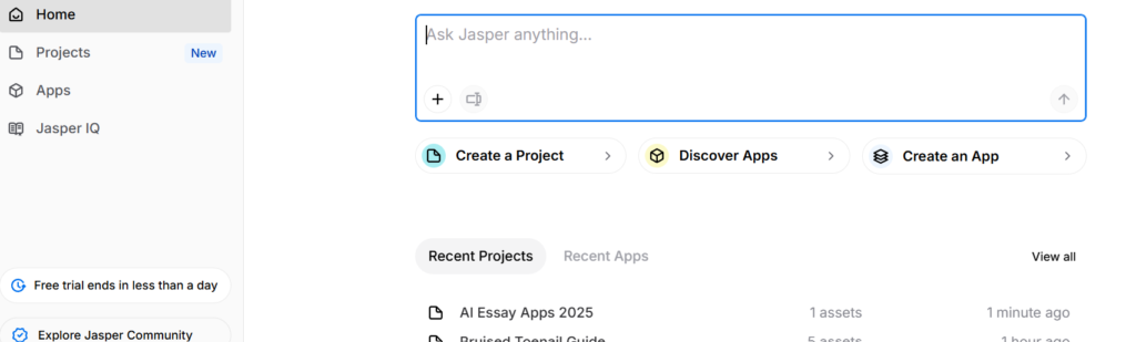 User interface of Jasper AI showing options like Projects, Apps, and a text box to ask questions