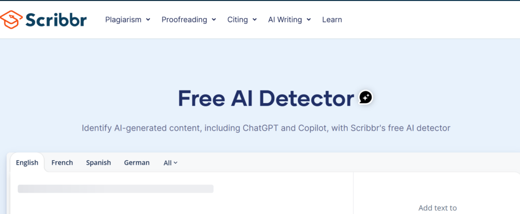 Scribbr website showing the free AI detector tool with language options. 