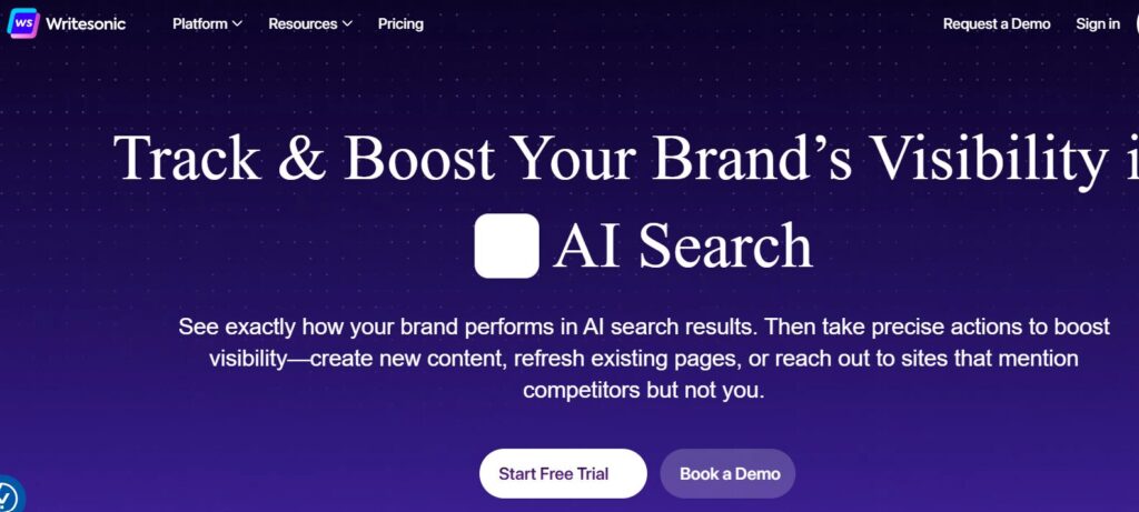 A website section by Writesonic about tracking brand visibility in AI search results.